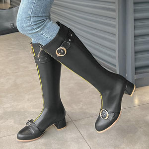 Women's Fashion Belt Buckle Front Zipper Knee Boots 86178678S