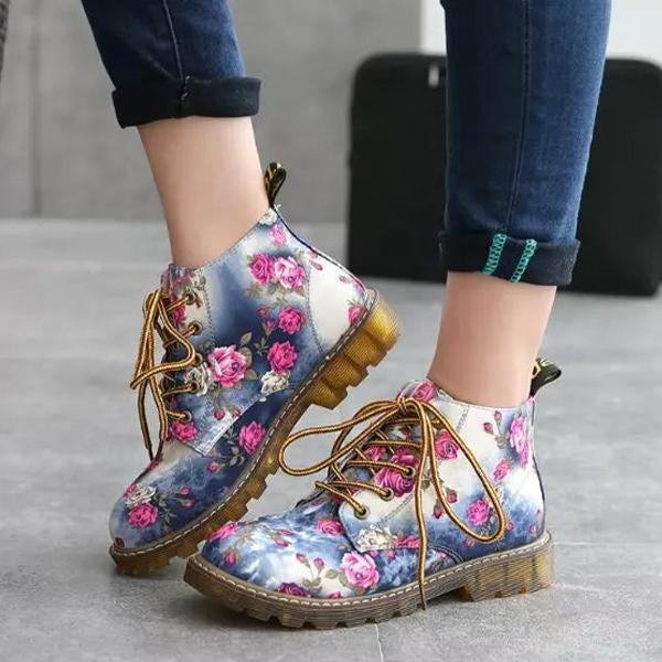 Women's Fashion Retro Lace-Up Floral Martin Boots 36061365S