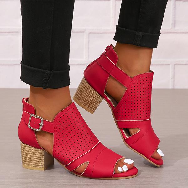 Women's Fashionable Hollow Buckle Thick Heel Fish Mouth Sandals 38913758S