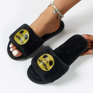 Women's Plush Surface Open Toe Love Rhinestone Cotton Slippers 20564926C