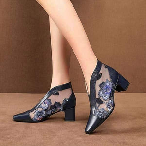 Women's Mesh Pointed Toe Summer Boots with Embroidery and Chunky Heel 71584826C