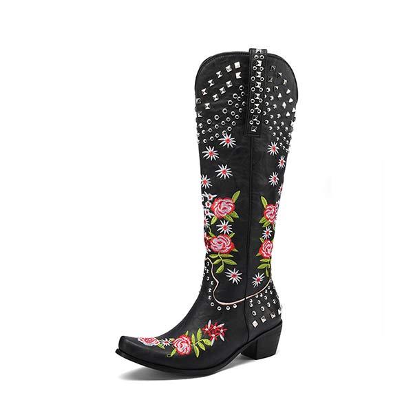 Women's Embroidered Studded High-Calf Mid-Heel Cowboy Boots 61919210C