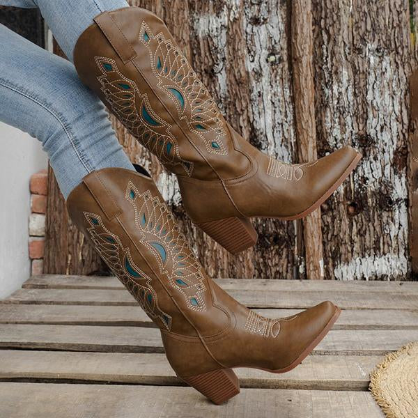Women's Retro Embroidered Carved Chunky Heel Boots 44528449S