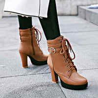 Women's Front Lace-Up Side-Zip Chunky High Heel Ankle Boots 38534323C