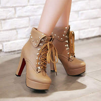 Women's Chunky Heel Thick Sole Super High Heel Lace-Up Ankle Boots 69094700C