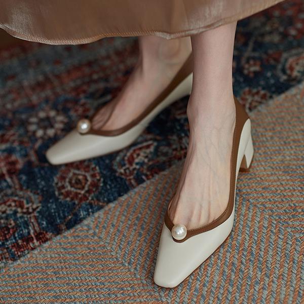 Women's Retro Color-Block Pearl Chunky Heels 18776621S