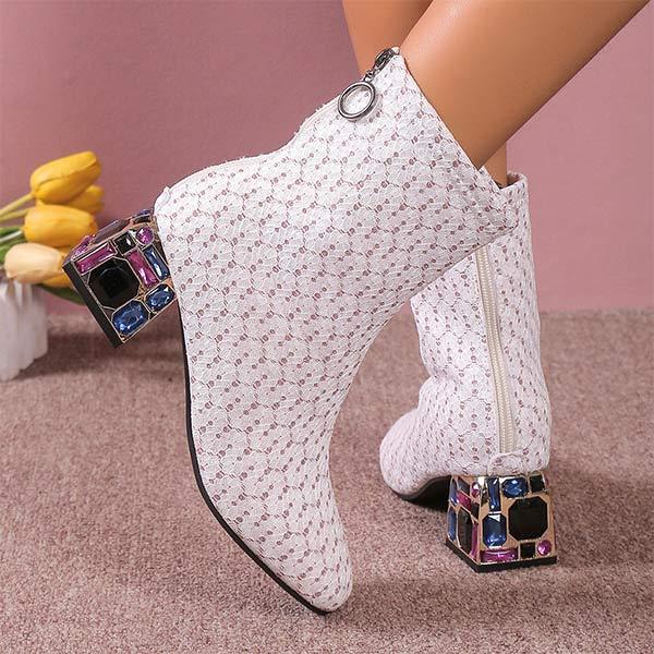Women's Square-Toe Chunky Heel Fashion Boots with Sequins and Back Zipper 48609818C