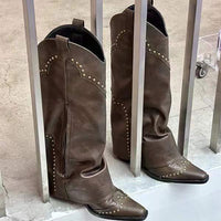 Women's Vintage Rivet Pointed Toe Thick Heel Western Cowboy Boots 36918314C