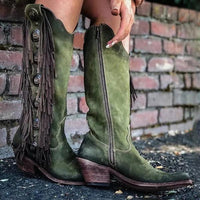 Women's Retro Pointed Tassel Chunky Heel High Boots 76886106S