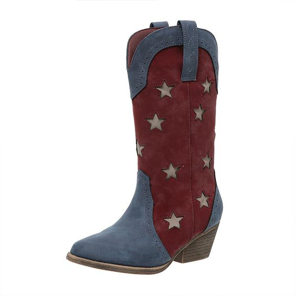 Women's Retro Star Color Block Heel Western Boots 53537971S