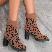 Women's High-Heeled Chunky Heel Leopard Print Short Fashion Boots 27096933C