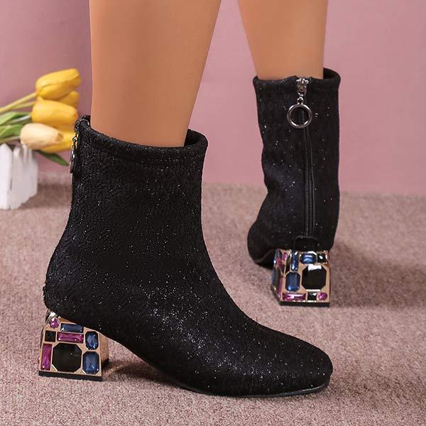 Women's Square-Toe Chunky Heel Fashion Boots with Sequins and Back Zipper 48609818C