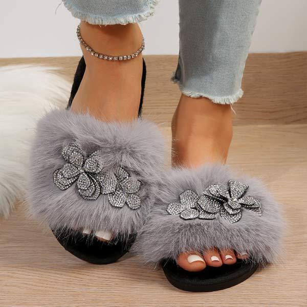 Women's Furry Rhinestone Faux Fur Slippers 78650396C