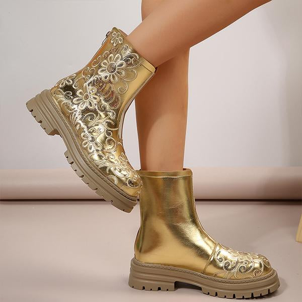 Women's Fashion Printed Gold Thick Sole Ankle Boots 88969452S
