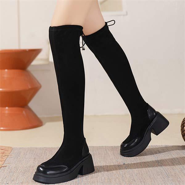 Women's Thick Sole Stretch Knee-High Boots with Back Lace-Up Detail 60717301C
