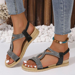 Women's Fashionable Rhinestone Elastic Strap Flat Sandals 22536350S