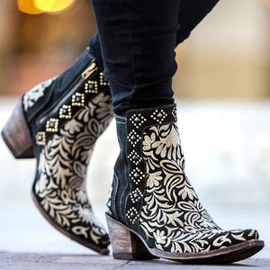 Women's Embroidered Chunky Heel Ankle Boots 74693990C
