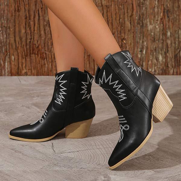 Women's Pointed Toe Embroidery Chunky Heel Short Martin Boots 90801441C