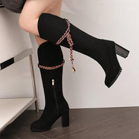 Women's Ethnic Style Strappy Suede Chunky Heel High Boots 28594957S