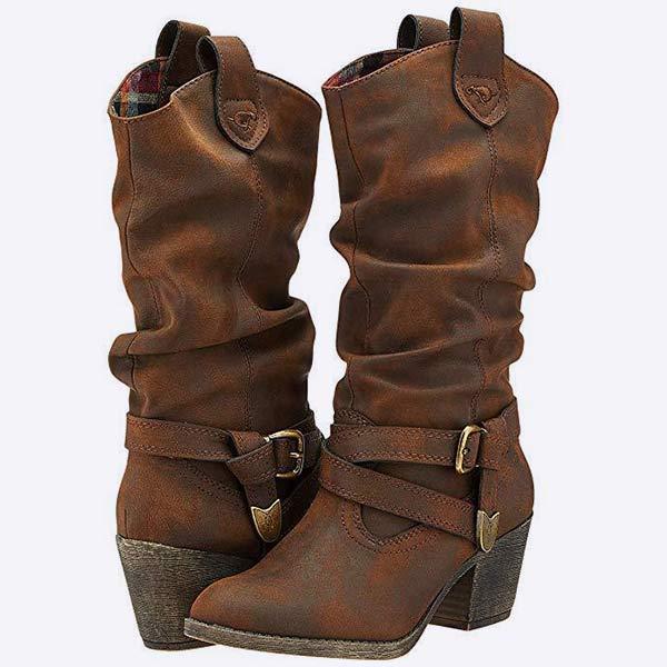 Women's Vintage Cross Strap Buckle Low Heel Riding Boots 10802495C