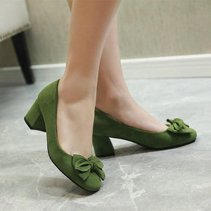 Women's Casual Bow Shallow Mouth Retro Suede Block Heels 45121566S