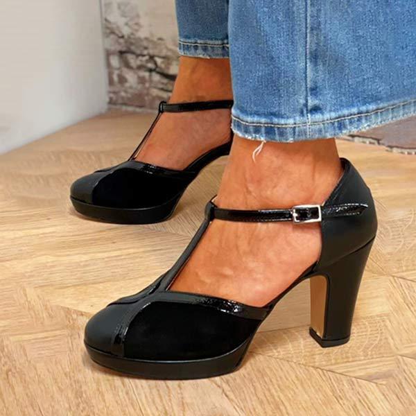 Women's Chunky Heel Color-Block T-Strap Platform Shoes 91201637C