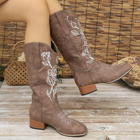 Women's Casual Rose Embroidery Chunk Heel Mid-calf Boots 42691341S