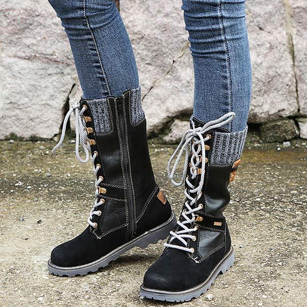 Women's Low-Heeled Mid-Calf Boots with Knit Cuffs and Side Zipper 10985515C