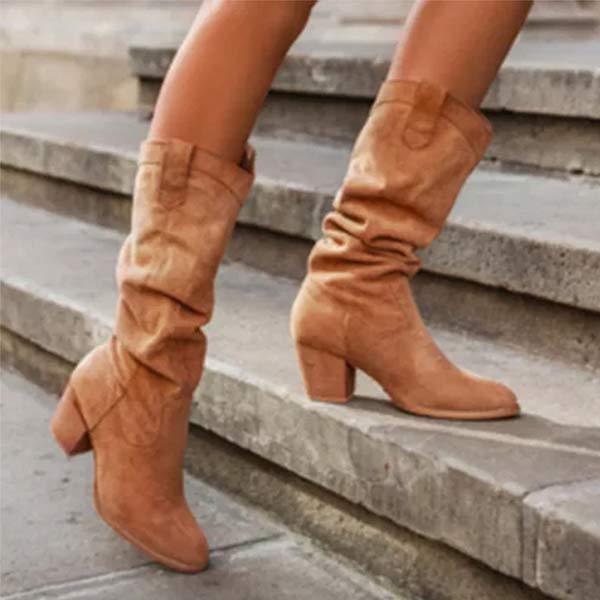 Women's Round Toe Chunky Heel High-Calf Riding Boots in Suede 35511504C