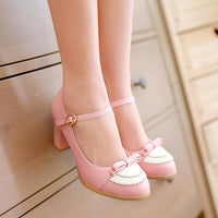 Women's Elegant Contrast Color Thick Heel Bow Pumps 93360857S