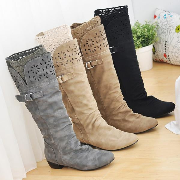 Women's Casual Hollow Lace Flat High Boots 22536795S