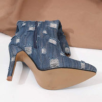 Women's Pointed Toe Stiletto High Heel Washed Denim Ripped High Boots 97852381C