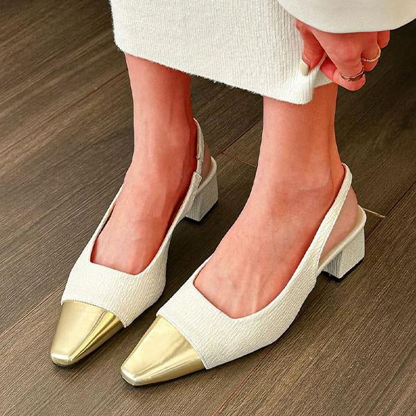 Women's Fashion Retro Square Toe Block Color Chunky Heels 86071368C