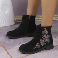Women's Round-Toe Side-Zip Embroidered Short Boots 53439860C