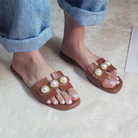 Women's Elegant Pearl Square Toe Flat Casual Sandals 54028801S