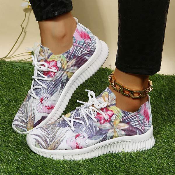 Women's Flat Lace-Up Flying Woven Breathable Printing Graffiti Casual Sneakers 43665814C