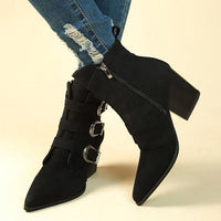 Women's Fashionable Belt Buckle Pointed Toe Short Boots 98389711S