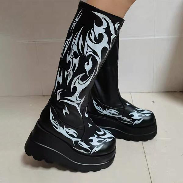 Women's Fashion Printed Gothic Thick Sole Mid-Calf Boots 93658716S