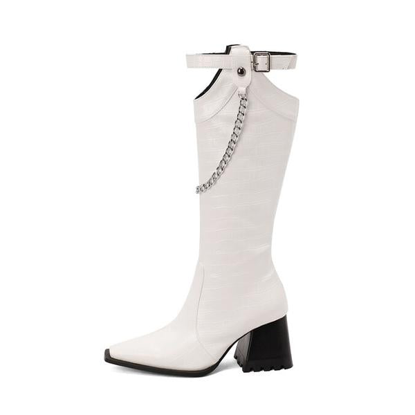 Women's Fashion Metal Chain Chunky Heel High Boots 33859209S