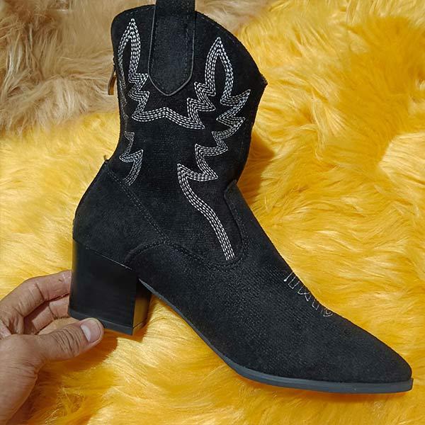 Women's Pointed Toe Chunky Heel Embroidered Vintage Short Boots 53524542C