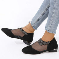 Women's Pointed-Toe Low-Heel Sandals with Rhinestone Floral Mesh and Hollow Design 58667947C