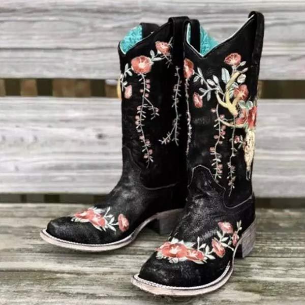 Women's Chunky Heel Printed Embroidered Riding Boots 87538030C