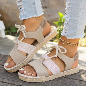 Women's Flat Open-Toe Strappy Roman Sandals with Adjustable Back Elastic 42181411C
