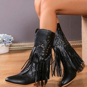 Women's Fashionable Tassel Block Heel Western Boots 80589595S