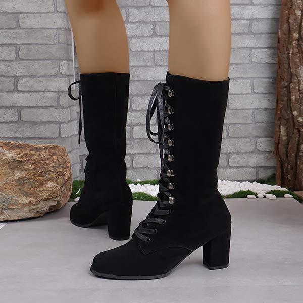 Women's Round-Toe Chunky Heel Fashion Boots with Laces 83310184C