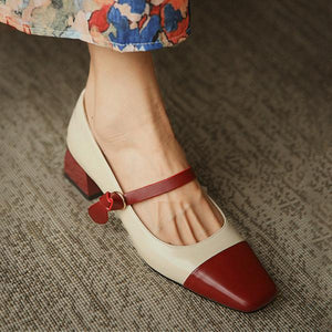 Women's Elegant Contrast Color Stitched Block Heel Mary Jane 60834646S