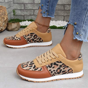 Women's Thick Sole Low-Top Lace-Up Sneakers with Leopard Print Accents 00187161C