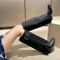 Women's Fashion Studded Belt Buckle Thick Heel Trouser Boots 09184112S