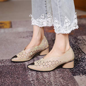 Women's Hollow Out Mesh Rhinestone Studded Pointed-toe Chunky Heel Sandals 94726035C