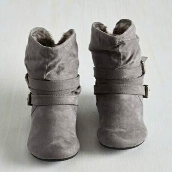 Women's Flat Double-Buckle Fleece-Lined Naked Boots 98155318C